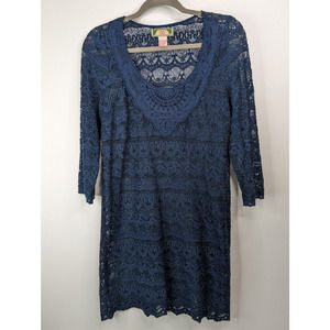 Flying Tomato Large 3/4 Sleeve Scoop Neck Navy Blue Lace Cover Up Dress